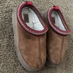 UGG Tan Suede Slip-Ons with Red Accents